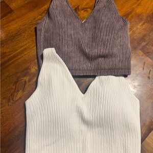 Ribbed V-Neck Women Tops - Brown and Cream